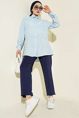 Çiçek Kabartmalı Basic Gömlek Bebe Mavi - Gömlek