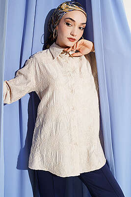 Çiçek Kabartmalı Basic Gömlek Bej - BERAT TEKSTİL