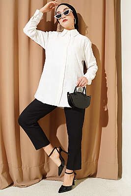 Çiçek Kabartmalı Basic Gömlek Ekru - Gömlek