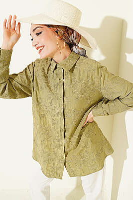 Çiçek Kabartmalı Basic Gömlek Haki 