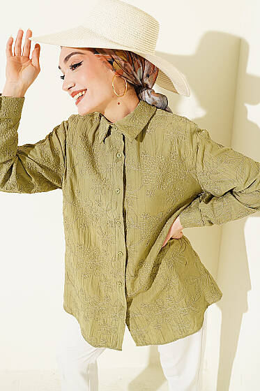 Çiçek Kabartmalı Basic Gömlek Haki - Gömlek