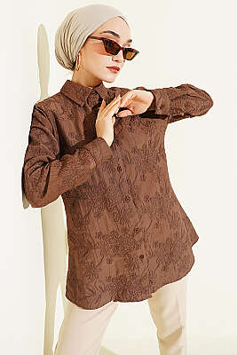 Çiçek Kabartmalı Basic Gömlek Kahve - BERAT TEKSTİL