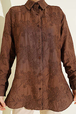 Çiçek Kabartmalı Basic Gömlek Kahve - Gömlek