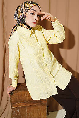 Çiçek Kabartmalı Basic Gömlek Sarı - BERAT TEKSTİL