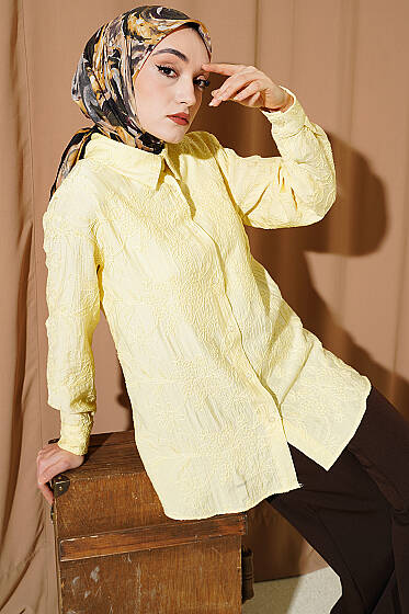 Çiçek Kabartmalı Basic Gömlek Sarı - Gömlek