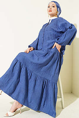 Çiçek Kabartmalı Hakim Yaka Katlı Elbise Mavi - POLO LIVE