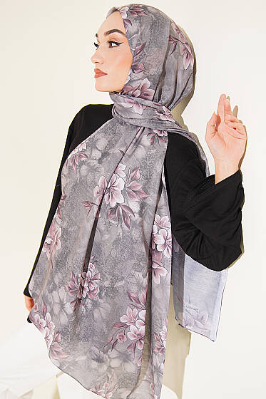Çiçek Motif Detaylı Şal Füme - Başörtüsü