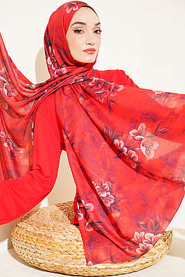 Çiçek Motif Detaylı Şal Kırmızı 