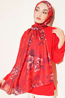 Çiçek Motif Detaylı Şal Kırmızı - Başörtüsü