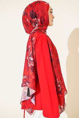 Çiçek Motif Detaylı Şal Kırmızı - Başörtüsü
