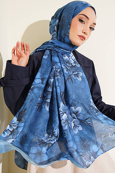 Çiçek Motif Detaylı Şal Lacivert - Başörtüsü