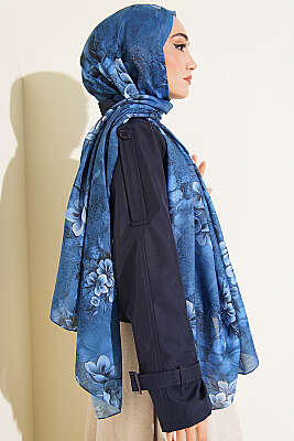 Çiçek Motif Detaylı Şal Lacivert - Başörtüsü