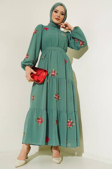 Çiçek Motif Nakışlı Şifon Elbise Çağla Yeşil - Tesettür Elbise