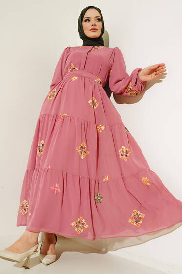Çiçek Motif Nakışlı Şifon Elbise Gül Kurusu - Tesettür Elbise