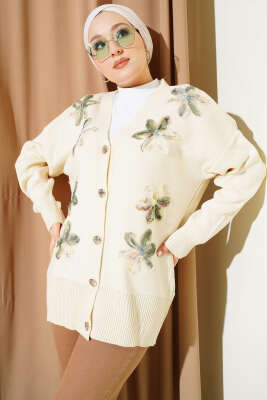 Çiçek Motifli Düğmeli Triko Hırka Bej - VANİZA TRİKO