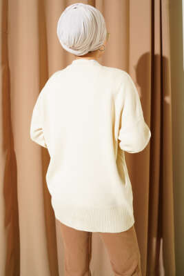 Çiçek Motifli Düğmeli Triko Hırka Bej - Hırka