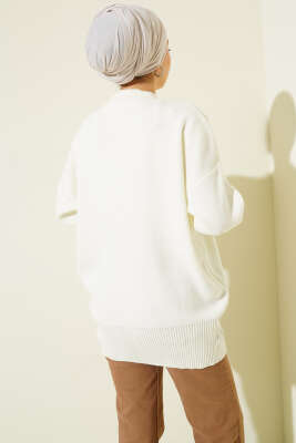 Çiçek Motifli Düğmeli Triko Hırka Ekru - Hırka