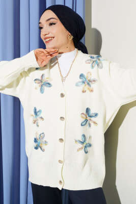 Çiçek Motifli Düğmeli Triko Hırka Ekru Mavi - VANİZA TRİKO