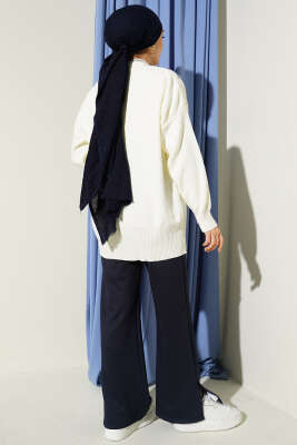 Çiçek Motifli Düğmeli Triko Hırka Ekru Mavi - Hırka