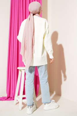 Çiçek Motifli Düğmeli Triko Hırka Ekru Pembe - Hırka