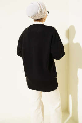 Çiçek Motifli Düğmeli Triko Hırka Siyah - Hırka