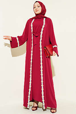 Çiçek Motifli Kuşaklı Abaya Bordo - EFSUN MODA