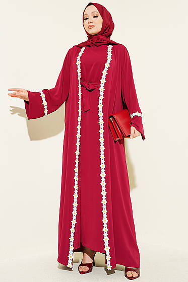 Çiçek Motifli Kuşaklı Abaya Bordo - Elbise