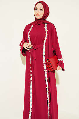 Çiçek Motifli Kuşaklı Abaya Bordo - Elbise