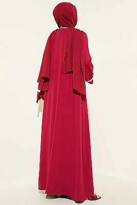 Çiçek Motifli Kuşaklı Abaya Bordo - Elbise