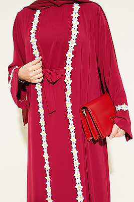 Çiçek Motifli Kuşaklı Abaya Bordo - Elbise