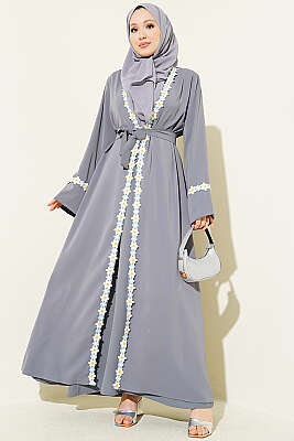Çiçek Motifli Kuşaklı Abaya Gri - EFSUN MODA