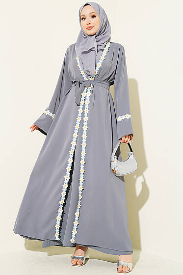 Çiçek Motifli Kuşaklı Abaya Gri - Elbise