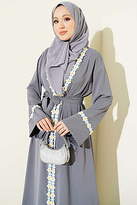 Çiçek Motifli Kuşaklı Abaya Gri - Elbise