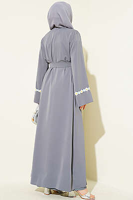 Çiçek Motifli Kuşaklı Abaya Gri - Elbise