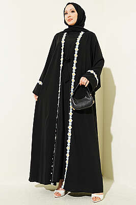 Çiçek Motifli Kuşaklı Abaya Siyah - EFSUN MODA