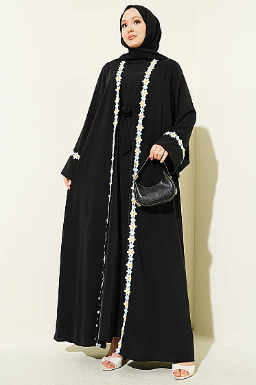 Çiçek Motifli Kuşaklı Abaya Siyah - Elbise