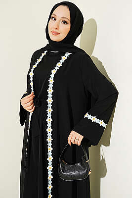 Çiçek Motifli Kuşaklı Abaya Siyah - Elbise