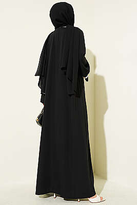 Çiçek Motifli Kuşaklı Abaya Siyah - Elbise