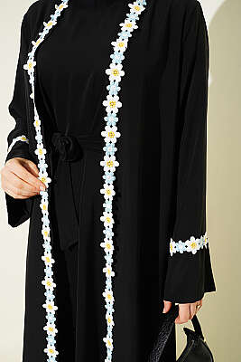 Çiçek Motifli Kuşaklı Abaya Siyah - Elbise