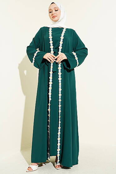 Çiçek Motifli Kuşaklı Abaya Zümrüt - Elbise