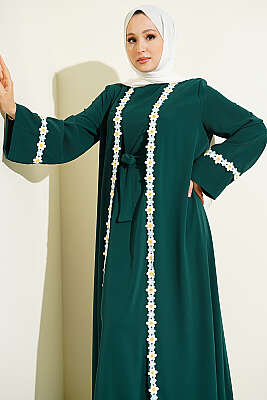 Çiçek Motifli Kuşaklı Abaya Zümrüt - Elbise