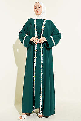 Çiçek Motifli Kuşaklı Abaya Zümrüt - EFSUN MODA