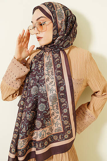 Çiçek Motifli Soft Şal Acı Kahve - Başörtüsü