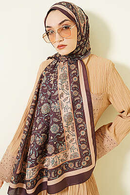 Çiçek Motifli Soft Şal Acı Kahve - Başörtüsü