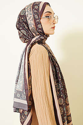 Çiçek Motifli Soft Şal Acı Kahve - Başörtüsü