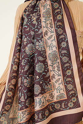 Çiçek Motifli Soft Şal Acı Kahve - Başörtüsü