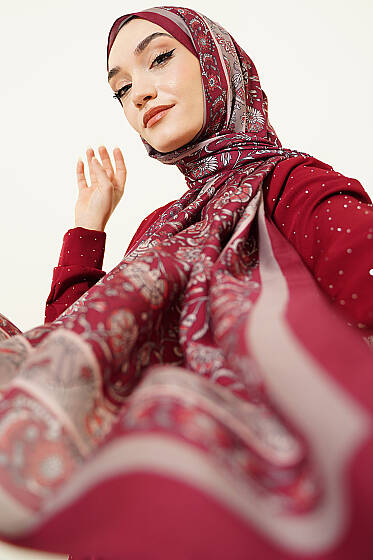 Çiçek Motifli Soft Şal Bordo - Başörtüsü