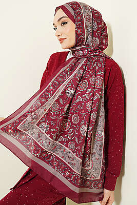 Çiçek Motifli Soft Şal Bordo - Başörtüsü