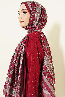 Çiçek Motifli Soft Şal Bordo - Başörtüsü