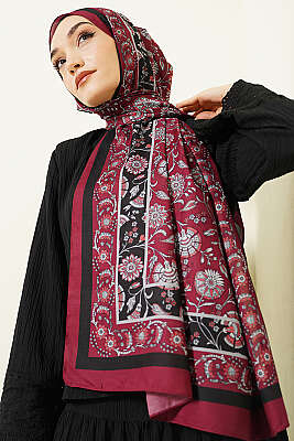 Çiçek Motifli Soft Şal Burgonya - Başörtüsü